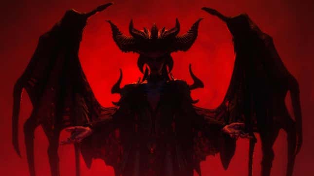 Diablo IV's Lilith stands in the shadows against a red background.