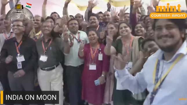 A view from the control room following the successful touchdown of Chandrayaan-3 lunar lander. 