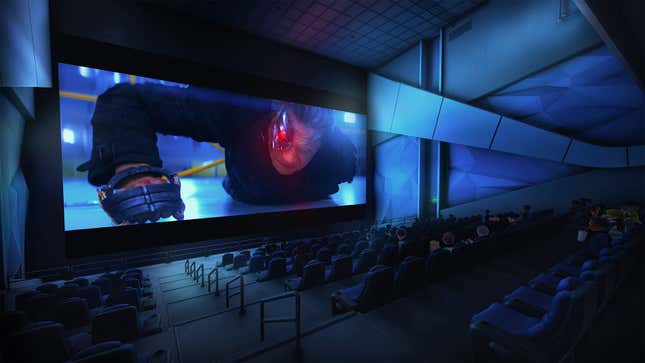 People watch a Terminator movie in a virtual theater.