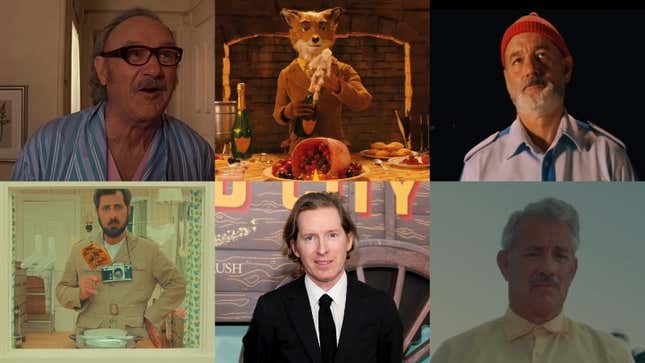 Clockwise from top left: Gene Hackman in The Royal Tenenbaums (Screenshot: YouTube), George Clooney in Fantastic Mr. Fox (Screenshot: YouTube), Bill Murray in The Life Aquatic With Steve Zissou (Screenshot: YouTube), Tom Hanks in Asteroid City (Screenshot: YouTube), Wes Anderson (Photo: Dia Dipasupil/Getty Images), and Jason Schwartzman in Asteroid City (Screenshot: YouTube)