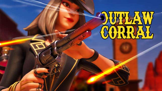 An image shows a woman in Fortnite firing a revolver next to the Outlaw Corral logo.