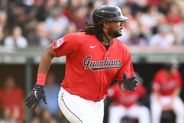 Jul 21, 2023; Cleveland, Ohio, USA; Cleveland Guardians designated hitter Josh Bell (55) hits an RBI double during the first inning against the Philadelphia Phillies at Progressive Field.