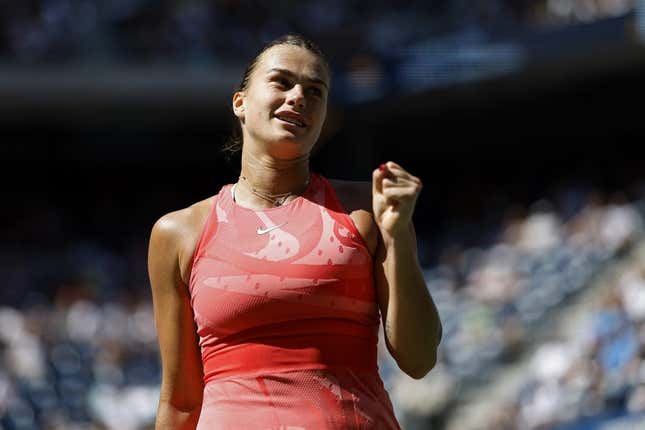 Sep 2, 2023; Flushing, NY, USA; Aryna Sabalenka reacts after winning a point against Clara Burel of France (not pictured) on day six of the 2023 U.S. Open tennis tournament at USTA Billie Jean King National Tennis Center.
