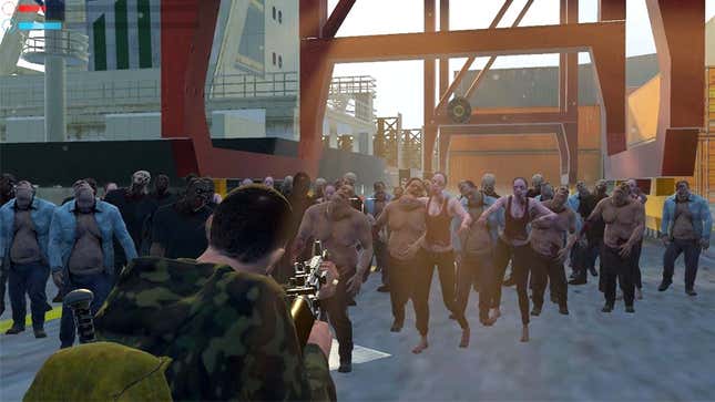 An image shows a man with a gun standing in front of a large zombie horde. 