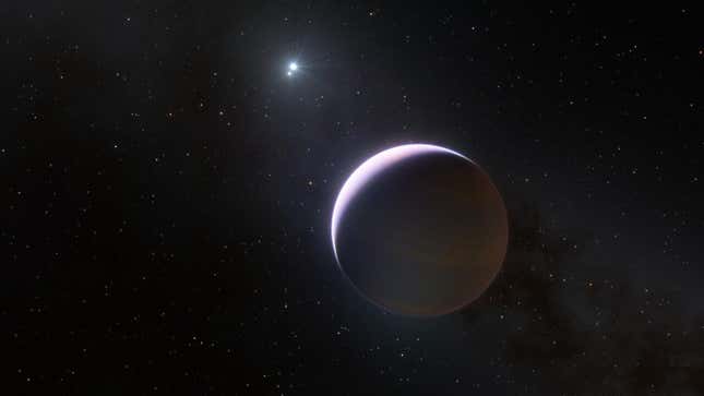 Conceptual image of the newly discovered exoplanet, with its two host stars in the background.