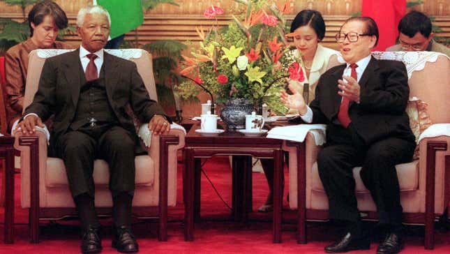 President Nelson Mandela, left, meets with Chinese president Jiang Zemin in Beijing, May 5, 1999.