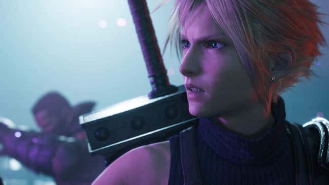A screenshot shows Cloud staring off screen at something.