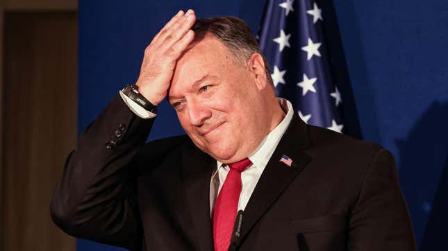 Former U.S. Secretary of State Mike Pompeo at a press conference with the Israeli Prime Minister and Bahrain’s Foreign Minister in Jerusalem on November 18, 2020.