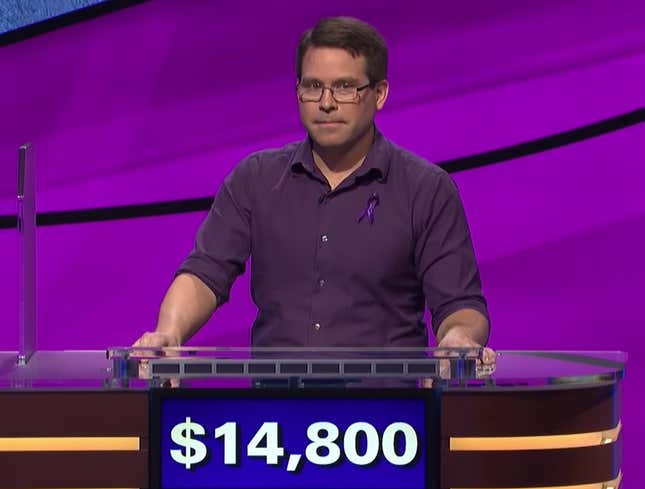 Image for article titled Miscalculating Contestant Rushes To Cross Out ‘Fuck Alex Trebek’ Final Jeopardy Answer After Seeing Goodwill From Previous Contestant