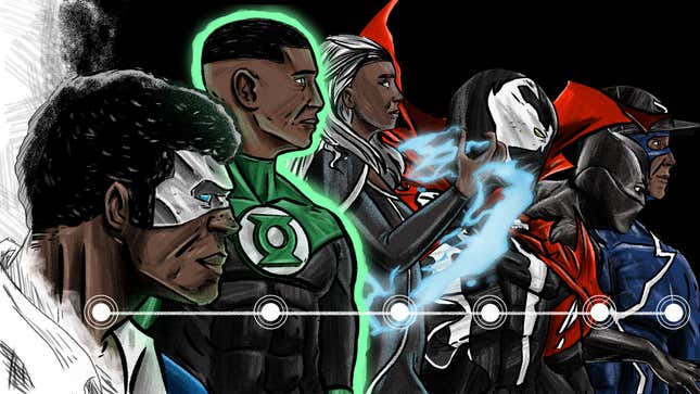 From Left to Right: Black Lightning, created by Tony Isabella and Trevor Von Eeden, John Stewart/Green Lantern, created by Dennis O’Neil and Neal Adams, Storm, created by Len Wein and Dave Cockrum, Spawn created by Todd McFarlane, Black Panther, created by Stan Lee and Jack Kirby,  and Static, created by Dwayne McDuffie, Denys Cowan, Michael Davis, and Derek T. Dingle 