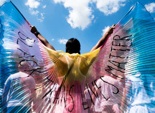  A protestor displays wings while marching on on June 14, 2020 in the Brooklyn borough of New York City. 