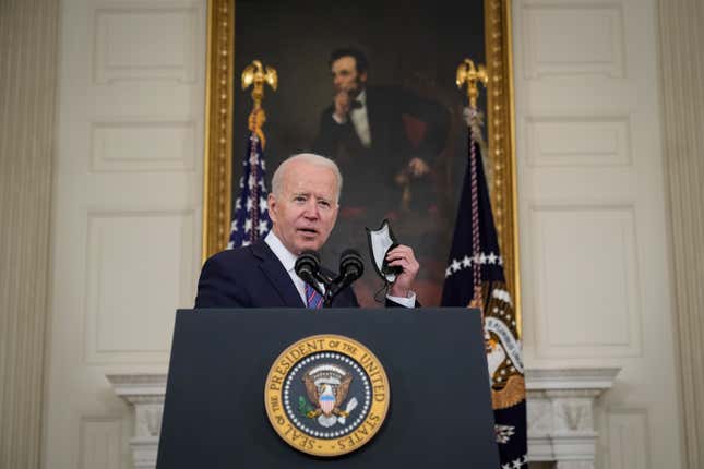  U.S. President Joe Biden speaks about the March jobs report in the State Dining Room of the White House on April 2, 2021 in Washington, DC. 