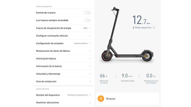 La aplicación Mi Home nos ofrece más opciones de configuración para el patinete.