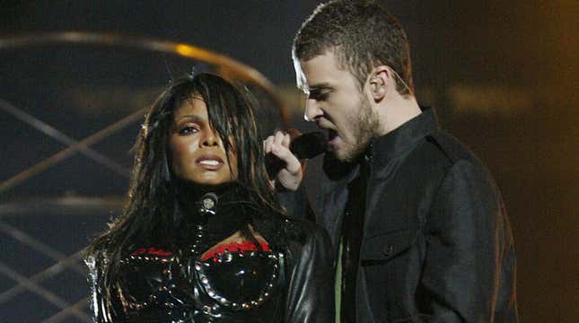 Janet Jackson and surprise guest Justin Timberlake perform during the halftime show at Super Bowl XXXVIII on February 1, 2004 in Houston, Texas.