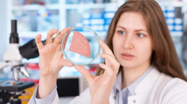 woman examining salami in lab