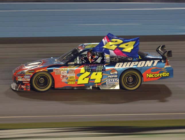 Image for article titled Jeff Gordon Celebrates Equaling Earnhardt&#39;s Win Record With Giant Flag Honoring Jeff Gordon