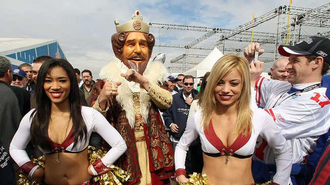 The Burger King mascot and cheerleaders at the 2008 Super Bowl