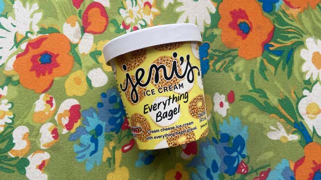 Pint of Jeni's Everything Bagel flavor on floral background
