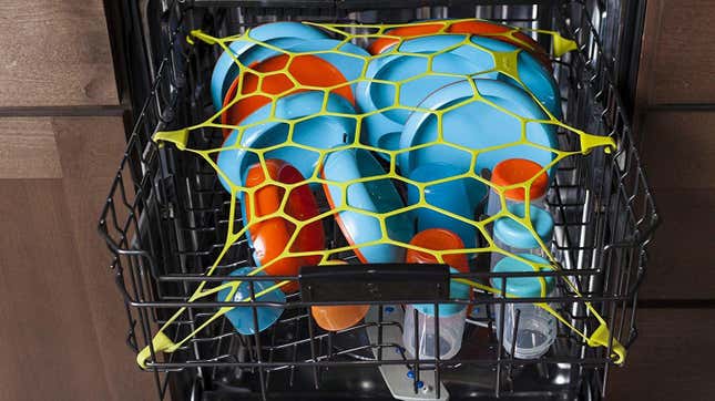 Boon Span’s Dishwasher Net solves the age-old problem of lightweight plastic items tipping over on the top rack and collecting nasty dish waster. Just stretch it across the top rack right before you run a load to keep everything in place.