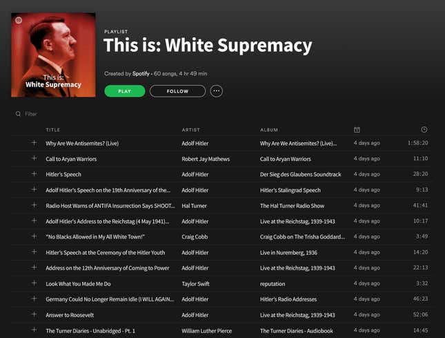 Image for article titled Spotify Removes ‘This Is: White Supremacy’ Playlist