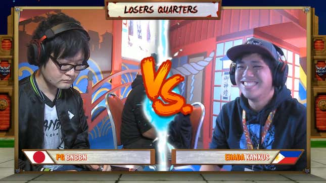 Xanxus (right) grins after timing out BNBBN during their Dragon Ball FighterZ match at South East Asia Major 2019