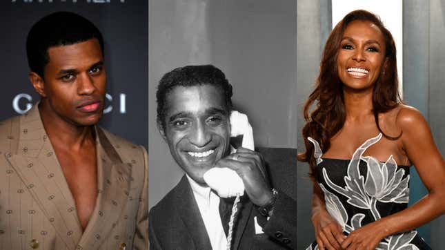 Jeremy Pope, left, attends the 2019 LACMA 2019 Art + Film Gala on November 02, 2019 in Los Angeles, California. ; Sammy Davis Jnr (1925 - 1990), center, phones his wife upon his arrival at London Airport. ; Janet Mock, right, attends the 2020 Vanity Fair Oscar Party on February 09, 2020 in Beverly Hills, California.