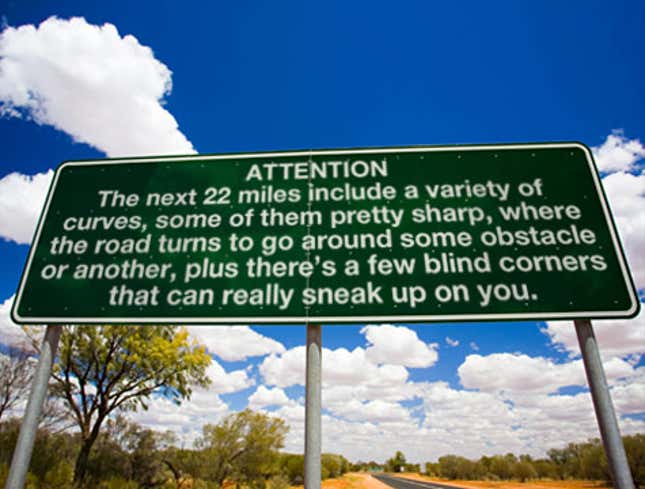 Image for article titled Road Sign Over-Explains Highway&#39;s Dangers