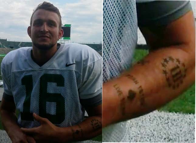 Image for article titled Patriots Draft Pick Has Right-Wing Paramilitary Gang Tattoo. But It&#39;s OK, He Didn&#39;t Know What It Meant