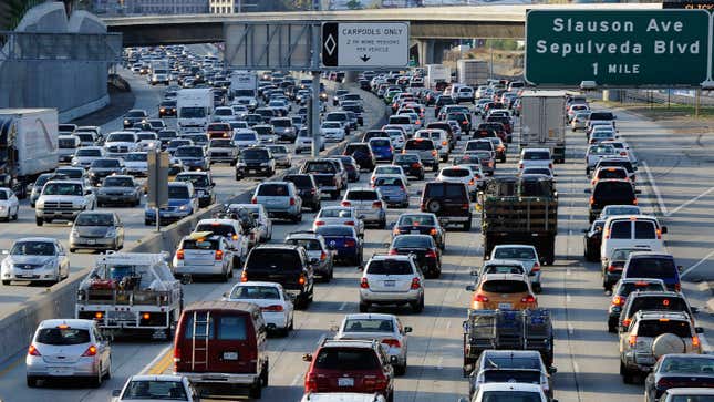 Traffic comes to a stand still on the northbound and the southbound lanes of the Interstate 405 freeway near LAX.