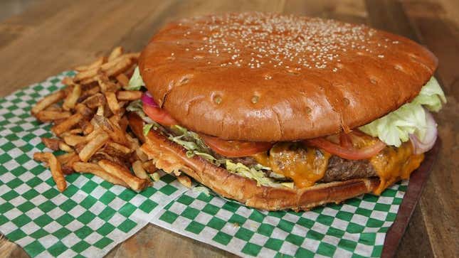 Image for article titled Restaurant&#39;s Extreme Burger Challenge Moved Down To Regular Menu