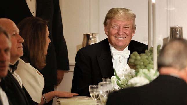 Image for article titled Cackling Trump Reveals To Dinner Guests They’ve All Just Eaten Single Piece Of His Tax Returns