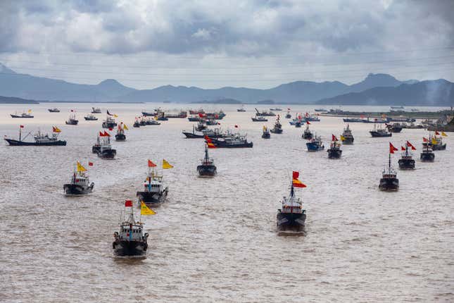 Chinese fishing boats depart Zhejiang. Some of these boats are quite likely working in some capacity with the Maritime Militia.