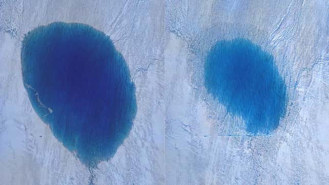 The meltwater lake before and after the draining