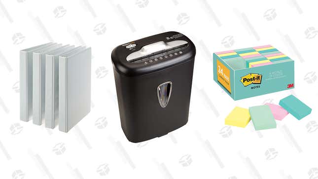 Post-it Mini Notes (24 Pads) | $8 | Amazon
AmazonBasics 3-Ring Binder (4-Pack) | $9 | AmazonAmazonBasics 8-Sheet Cross-Cut Shredder | $36 | Amazon