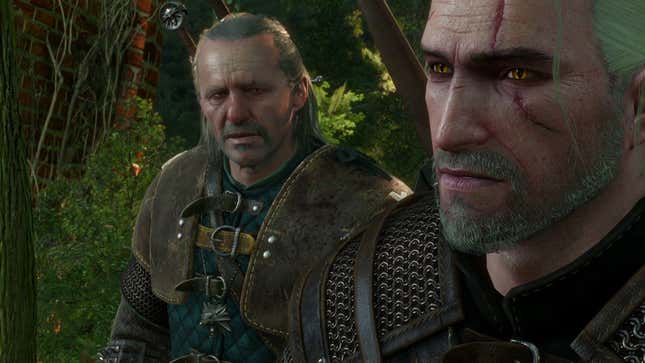 Vesemir and Geralt share a moment in The Witcher 3: The Wild Hunt. 