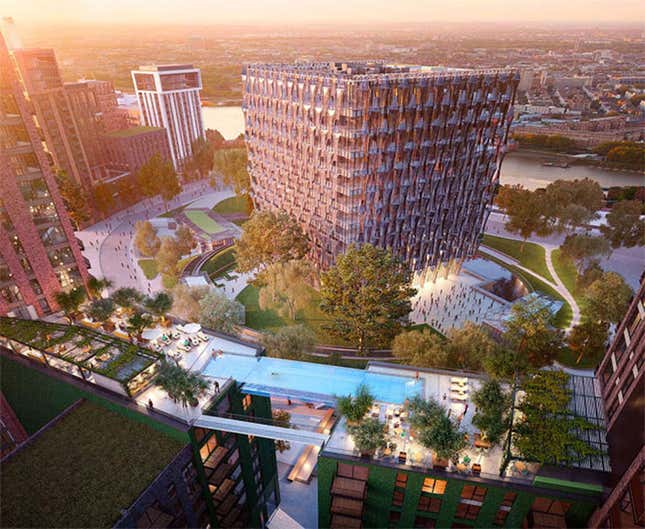 Imagen para el artículo titulado La primera piscina de cristal que cuelga sobre dos azoteas está casi terminada, pero esperarán a 2021 para estrenarla