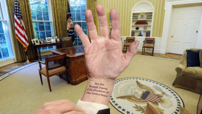 Image for article titled ‘You Are Donald Trump, 45th President Of The United States,’ Trump Reads From Faded Tattoo On Wrist
