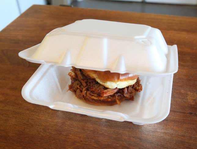 Image for article titled Styrofoam Clamshell Hiding Exquisite Pearl Of Pulled Pork Sandwich