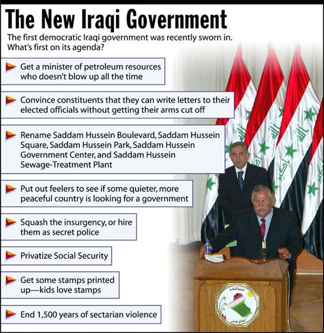 The first democratic Iraqi government was recently sworn in. What&#39;s first on its agenda?