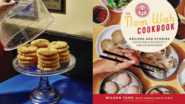 Left: a tray of Almond Cookies; right: cover of the Nom Wah Cookbook