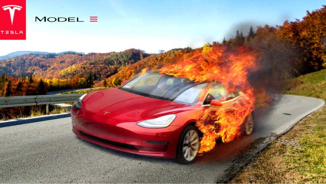 Image for article titled New Tesla Model 3 Goes From Zero To Engulfed In Flames In 3.5 Seconds