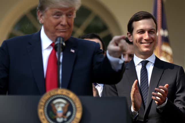 Senior Advisor to the President Jared Kushner (R) join U.S. President Donald Trump as he holds a press conference to discuss a revised U.S. trade agreement with Mexico and Canada in the Rose Garden of the White House on October 1, 2018 in Washington, DC.