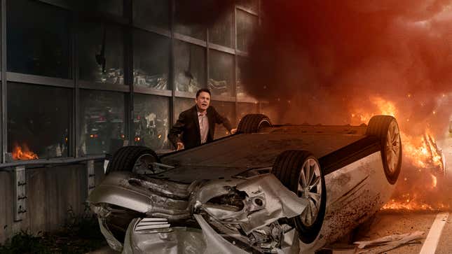 Image for article titled Elon Musk Rushes To Aid Of Overturned Tesla Pinned On Top Of Child