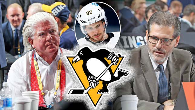 Brian Burke (left) and Ron Hextall are teaming up to wring whatever they can out of what’s left of Sidney Crosby’s (inset) career.
