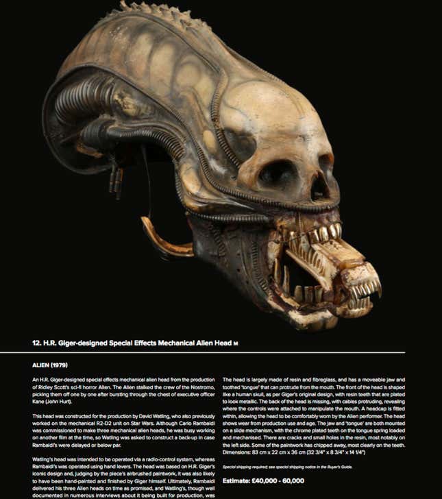 Imagen para el artículo titulado La subasta de objetos de películas más alucinante que hayas visto tendrá lugar en Londres en pocos días