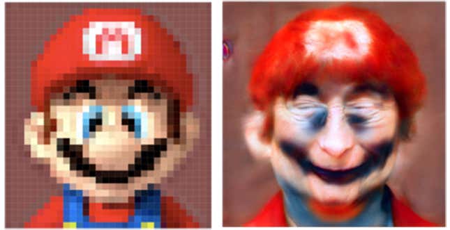 Imagen para el artículo titulado Esto es lo que pasa cuando le das personajes de videojuego a un algoritmo para mejorar fotos pixeladas