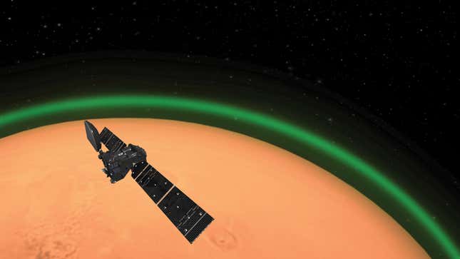 Artist’s impression of ESA’s ExoMars Trace Gas Orbiter detecting the green glow of oxygen in the martian atmosphere.