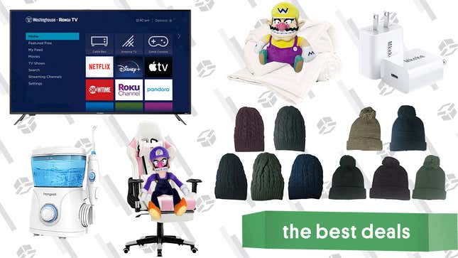 Image for article titled Saturday&#39;s Best Deals: 65-Inch Roku 4K TV, Water Flosser, Ergonomic Massage Gaming Chair, Knit Cap Sets, Fast iPhone 12 Charger, and More