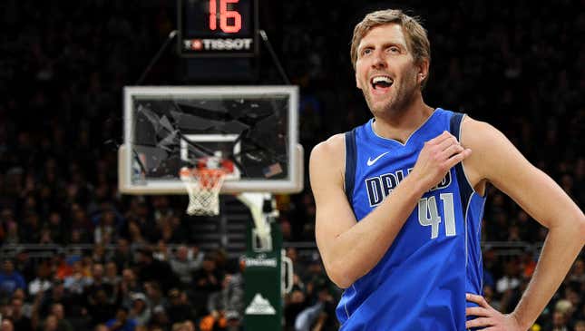 Image for article titled Dirk Nowitzki Shatters Backboard Glass With Powerful Soprano Singing Voice