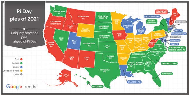 Map of most uniquely searched pies by state, provided by Google